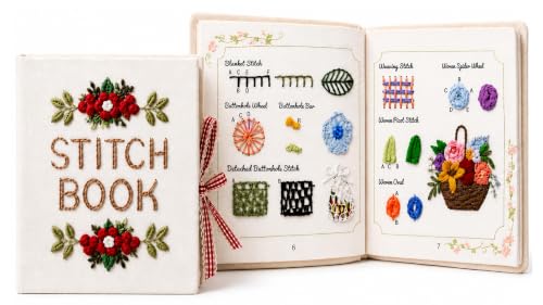 Cikeela Embroidery Stitch Book Beginner with Fabric Pages, DIY Sewing Kit with Floral Motifs, 31 Essential Stitches in Structured Learning Order for Adults, Practice Patterns EmbroideryStitch Book Kit