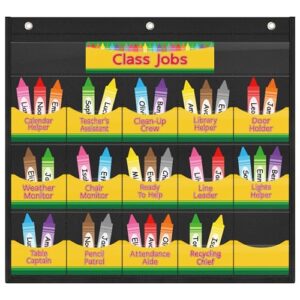 Class Jobs Pocket Chart with 16 Pockets and 70 Cards Crayon Classroom Management Educational Pocket Charts Black Class Job Pockets Chart for Bulletin Board School Teacher Must Have Helper, 24 x 21.6in