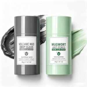 Clay Mask Stick - Black Head Remover for Face, Mugwort & Volcanic Clay Mask, Deep Pore Cleanser & Oil Control for Face, Gentle Skincare for Women & Men Travel-Friendly All Skin Types Mess Free, 2 Pack
