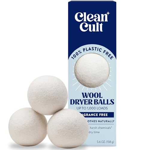 Cleancult Wool Dryer Balls - Made from 100% New Zealand Wool - Biodegradable Dryer Balls - Shorten Dry Times, Soften Clothes, and Stop Static Cling - Lasts up to 1000 Loads, 3 Count (Pack of 6)