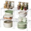 Clear Cabinet Organizer Shelf Riser Set - Stackable Acrylic Spice Rack & Dish Storage Shelves, Expanding Countertop Display Stand for Kitchen Pantry Bowls Plates, Bathroom & Office Desk Storage