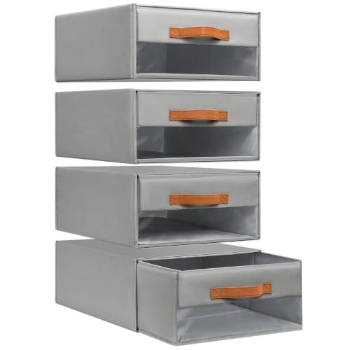 Closet Drawers for Clothes, Stackable Storage Drawers with Clear Front Window and Faux Leather Handle, Foldable Clothes Organizer Bins for 15.7 x 12.6 x 6.7 in Bedding Sheet Sets, Grey