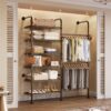 Closet Organizers Wall Mounted Closet System, 2-Row Heavy Duty Garment Clothes Rack, Industrial Pipe Clothing Rack with 2 Telescopic Rods, 3 Hooks & 6 Shelves for Bedroom, Wardrobe, Black and Gold