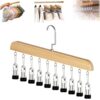 Closet Organizer with 10 Clips, Space Saving Hanging Closet Organizer, Space-Saving Hat Scarf Clothespins for Jeans Skirts Socks Pant Hangers with Clips (Wood-10 Clips, 1PC)