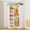 Closet System, Corner Closet System, Walk-in Closet Organizer System, Modular Wood Unit with 4 Adjustable Shelves and 3 Hanging Rods, Expandable Side Rod, White