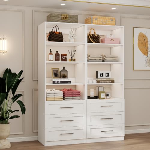 Closet System of 2 Sets, 4FT-10FT Closet Organizer System with 6 Drawers & 8 Shelves &2 Adjustable Rods, Modular Closet Shelving System, Max 126" L-shaped Closet System Tower for Walk in Closet, White