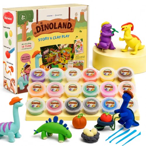 CMTOOP Air Dry Clay Kit, Dinosaur Story Theme Modeling Clay for Kids, 18 Tubs Soft Magic Molding Air Clay with Sculpting Tools, Non-Toxic & Mess-Free, DIY Arts and Crafts Gifts for Boys and Girls