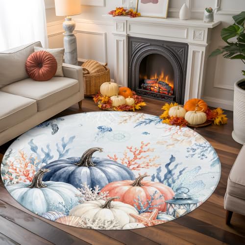 Coastal Thanksgiving Round Area Rug 7 FT,Blue Fall Nautical Pumpkin Turtle Non Slip Living Room Area Carpet,Marine Lifes Leaf Washable Circular Rug Floor Carpet for Bedside Office Play Room Classroom