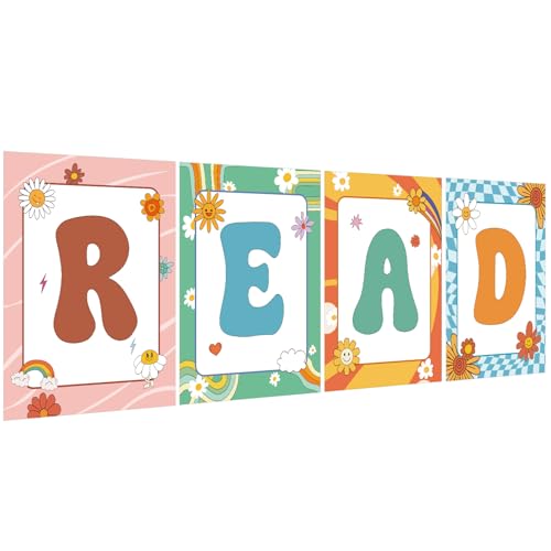 COCHIE Reading Posters for Classroom Decorations, Library Reading Corner Decor, Read Signs Poster Bulletin Board Set of 4, Pre-k Preschool Kindergarten Classroom Wall Decoration (Groovy)