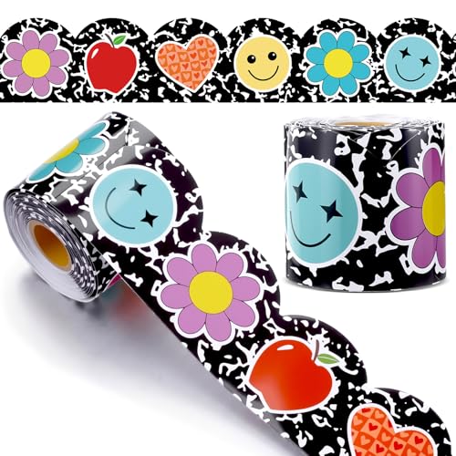 Colarr 65.6 ft Composition Notebook Bulletin Board Borders Smile Face Flower Apples Scalloped Border Trim Classroom Bulletin Board Strips for Back to School Classroom Chalkboard Decorations