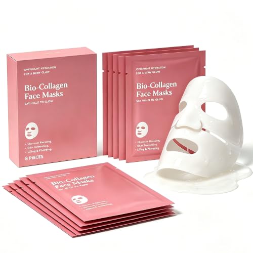 Collagen Facial Mask, 8 Pcs Hydrating Moisturizing Face Masks with Hyaluronic Acid - Anti Aging Skincare for Dry/Sensitive/Mature Skin, Skin Firming & Reducing Fine Lines, Daily & Overnight Use