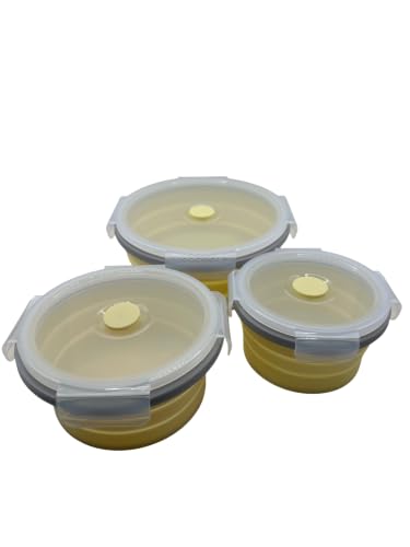 Collapsible Silicone Round Food Storage Containers, Set of 3 (12 oz / 17 oz / 37 oz) – 3-Stage Foldable, Steam Vent, Microwave & Dishwasher Safe, Portable Lunch Box for Camping & Meal Prep