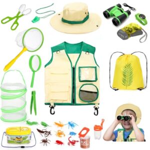 Coloch 24 Pieces Kids Outdoor Explorer Kit & Bug Catcher Kit, Bug Catching Kit with Vest, Hat, Organizing Bag, Butterfly Net, Compass and Bug Collectors