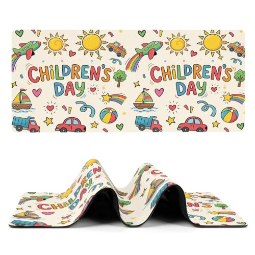 Colorful Children's Day Mouse Pad Gaming Desk Mat for Keyboard and Mouse, Car Tree Stars Modern Abstract Art Large Mouse Pad with Non-Slip Base, Decorative Mousepad for Game Office Home 35"x15"