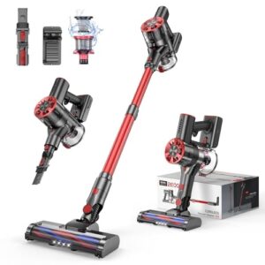 Comvtu Cordless Vacuum Cleaner Rechargeable with 2600mAh Detachable Battery, Powerful Vacuums with 2 Adjustable Modes, Lightweight Portable Stick Vacuum for Home (Red Gray)