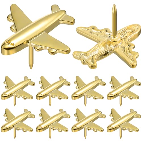 CONGARTENO Metal Push Pins Decorative Thumb Tacks 24pcs Airplane Shaped Made of Sturdy Steel with Golden Finish, Multipurpose Use for Bulletin Boards for School and Home Office