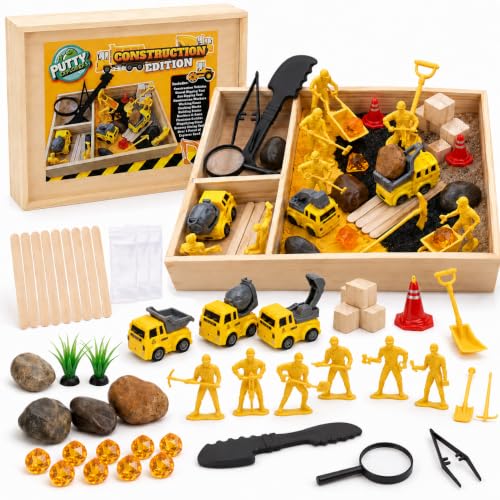 Construction Sensory Bin for Kids - DIY Jr Putty Explorers Wooden Sensory Play Kit with Play Sand, Trucks, Tools & Gems - Montessori STEM Fine Motor Toy for Toddlers & Preschool Boys 3+