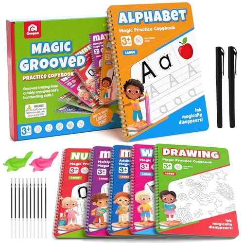 Coogam 6Pcs Magic Grooved Writing Practice for Kids, Grooved Handwriting Copybook with Pens, Learn to Write Number Letter Tracing Workbook for Kids Age 3-8 Preschool Learning Activities