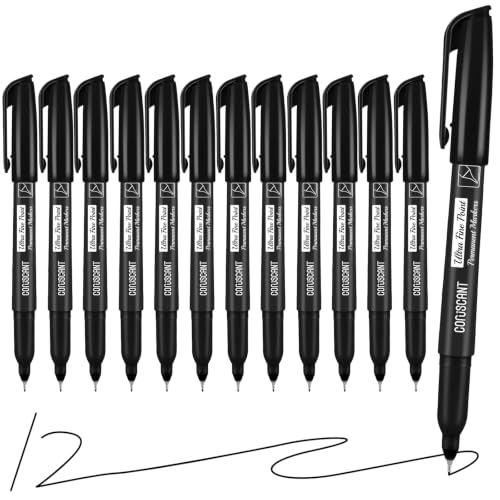coruscant Permanent Markers, 12 Pack Extra Fine Tip 0.4 mm Black Marker, Quick-Drying, Waterproof, Fade-Resistant, Ideal for Home, Office, School