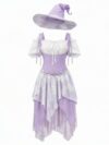 Cosplay.fm Women Forest Fairy Witch Costume Corset Lace Patchwork Dress with Wizard Hat Halloween Renaissance Elf Outfit Set