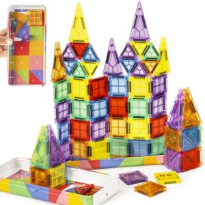 cossy Mini Magnetic Tiles, 80 PCS Magnet Tiles Travel Toys with Iron Box, Travel Magnetic Tiles for Restaurant, Car & Plane Play, Toys for 3 4 5 6 7 8 Year Old Boy and Girl