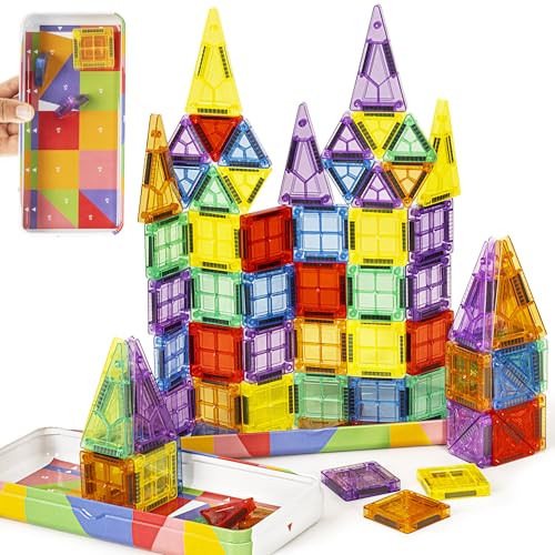 cossy Mini Magnetic Tiles, 80 PCS Magnet Tiles Travel Toys with Iron Box, Travel Magnetic Tiles for Restaurant, Car & Plane Play, Toys for 3 4 5 6 7 8 Year Old Boy and Girl