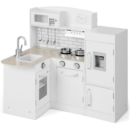 Costzon Corner Kids Kitchen Playset, 8-in-1 Wooden Toy Kitchen Set with Realistic Microwave, Oven, Stove, Refrigerator, Range Hood, Pretend Play Kitchen for Toddlers Boys Girls