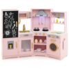 Costzon Corner Play Kitchen w/Lights, Sounds, Large Pretend Play Kitchen Set w/Blackboard, Microwave, Cooking Accessories, Wooden Montessori Sensory Toy for Kids 3+ Years Old (Pink)