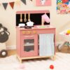 Costzon Kids Kitchen Playset, Wooden Kitchen Playset w/Door Curtain, Stoves, Sink, Faucet & Oven, Chef Pretend Play Set w/Cookware Accessories, Play Kitchen for Kids 3+ Years Old