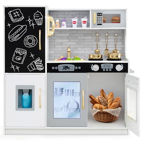 Costzon Kids Kitchen Playset, Wooden Pretend Cooking Toy Set w/Real Sound, Large Blackboard, Telephone, Microwave, Ice Maker, Dishwasher, Oven, Storage Space, Play Kitchen for Kids Ages 3+ (White)