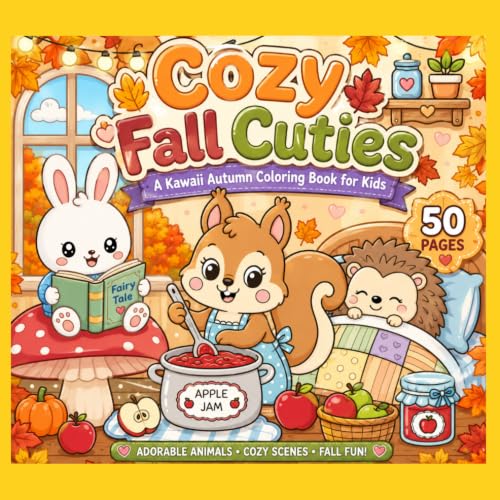 Cosy Fall Cuties A Kwaii Autumn Coloring Book for Kids: 50 Cozy Woodland Animal Coloring Pages Filled with Foxes, Bears, Bunnies, Hedgehogs, Squirrels, Owls and Autumn Adventures
