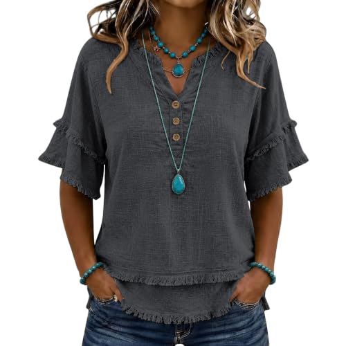 Cotton Gauze Tops for Women Cotton Linen Summer Flowy Gauze Fringe Shirts Organic Lightweight V Neck Boho Blend Blouses raw Causal Short Sleeve Vacation Outfits Camisetas para Mujer de Algodon