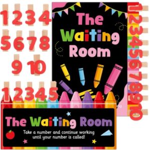 Crayon Waiting Room Classroom Management Chart with 20 Wooden Number Clips, 2 Colorful Teacher Helper Posters, Take a Number Classroom Management Tool for Back to School Teacher Supplies