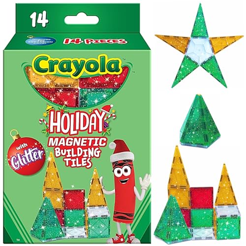 CreateOn Crayola Holiday Glitter Magnetic Tiles, Building Set for Kids, Magnetic Building Toys for Kids, STEM Travel Toys for Boys and Girls Ages 3+, 14-Piece Set (Holiday Glitter)