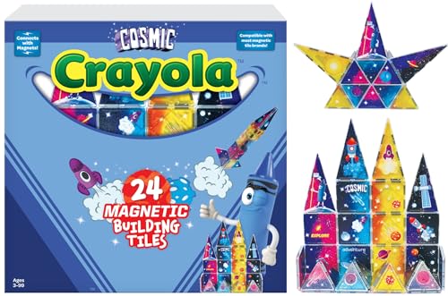 CreateOn Crayola Magnetic Tiles, Building Set for Kids, Magnetic Blocks, Travel Toys, Classroom Sensory Toys, STEM & Montessori Tools for Boys & Girls Ages 3+, 24-Piece Set (Cosmic)