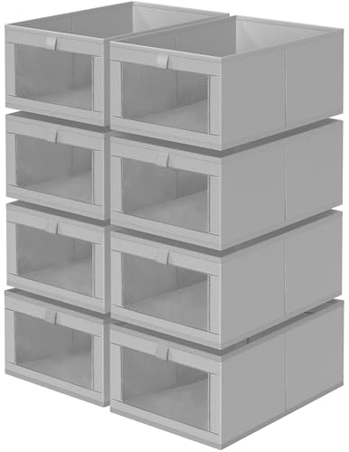 Criusia 8 Pack Linen Closet Organizers and Storage, Large Linen Closet Baskets for Organization, Foldable Storage Containers for Toys, Clothing, Towels, Jeans, Books, Shelves, Grey