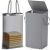 Criusia Laundry Hamper with Lid and Foot Pedal, 100L Fabric Laundry Basket with Removable Mesh Bag, Slim Foldable Design for Bathroom and Laundry Room (Gery)