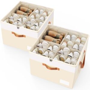 Criusia Shoe Organizer for Closet, 2 Pack Foldable Shoe Storage Organizer Box Bin with Adjustable Dividers and Clear Cover, Closet Shoe Storage for Sneakers Sandals Boots, Fit 16-32 Pairs, Beige