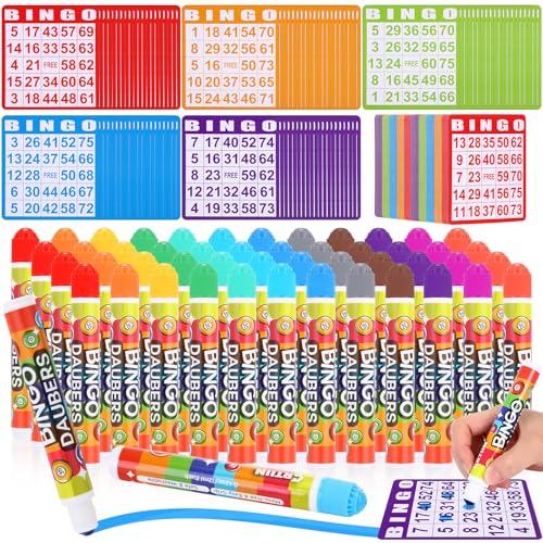 Crtiin 148 Pack Game Cards and Dot Daubers Set Includes 100 Bingo Cards and 48 Dot Markers Supplies Calling Card Set for Kids Preschool Children, Large Groups, Family Gathering Activity, Game Night