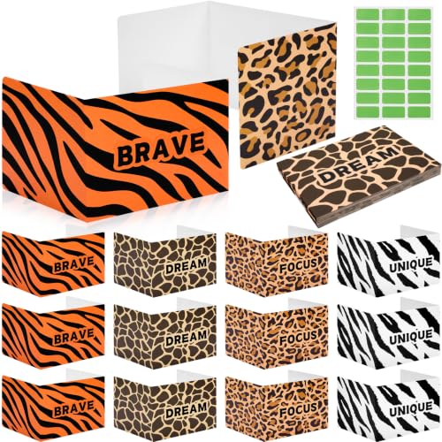 Crtiin 24 Pcs Modern Animal Print Desk Privacy Boards, Classroom Divider with Matte Lamination & 24 Labels, 4 Safari Styles (Brave, Unique, Dream, Focus) Privacy Boards for School Testing, Sel Corner