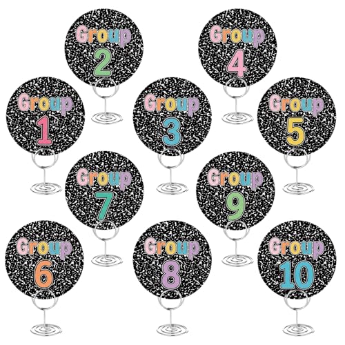 Crtiin Composition Round Classroom Table Numbers for Preschool 1-10 Group Cards Back to School Pastel Composition Classroom Decor Kindergarten Table Numbers Teacher Management Tools with Holder