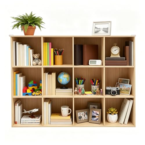 CRYBY 12-Cube Storage Organizer, 3-Tier Cube Display Bookshelf Bookcase Wood Storage Cabinet, 220.46 lbs Capacity Storage Shelf Bookcase Display Shelf for Living Room, Bedroom, Home Office, Entryway