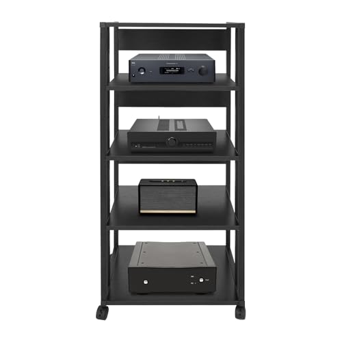 CRYBY 5-Tier AV Media Stand, Adjustable Audio Rack Tower Stereo Cabinet with 4 Lockable Universal Wheels, 88.18-110.23lbs Capacity Stereo Components Rack for Living Rooms, Offices, Recording Studios