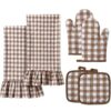 CrystalSylara 6 Pcs Brown Gingham Kitchen Decor Accessories Set with Ruffler Farmhouse Towels Pot Holder Oven Mitts Set 2 Dish Towels 2 Potholders 2 Cooking Mittens Glove for Christmas Baking Cooking