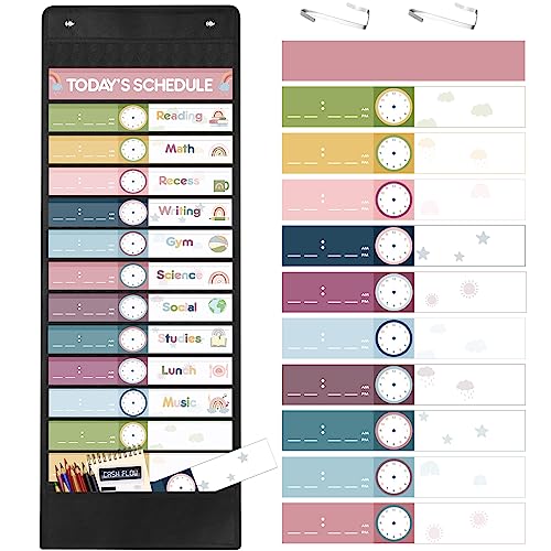 Ctosree 32 Pcs Daily Schedule Pocket Chart Rainbow Pocket Charts Classroom Pocket Chart Schedule 13+1 Pocket Kids Schedule Charts Teaching Scheduling Pocket Charts with Cards for School Classroom