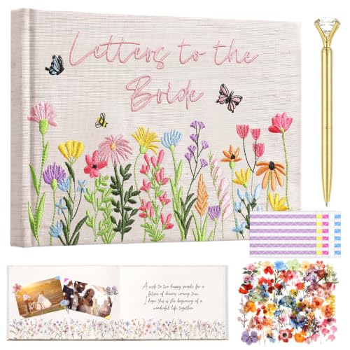 Ctosree Wedding Guest Book Letters to the Bride with Pens Photo Corner Sticker Wildflowers Embroidered Fabric Photo Album, Linen Cover Guestbook Wedding Reception Bridal Shower for Guest Sign