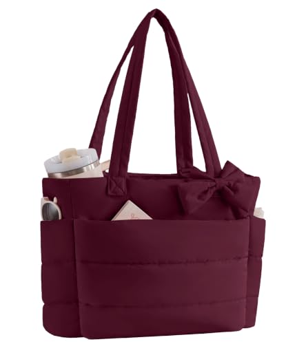CTWWFS Puffer Tote Bag for Women, Quilted Bow Tote Bag with Cup Holder & 15.6 In Laptop Compartment, Lightweight Puffy Shoulder Bag with Zipper for Work, Travel, Gym, College (Burgundy, Standard)