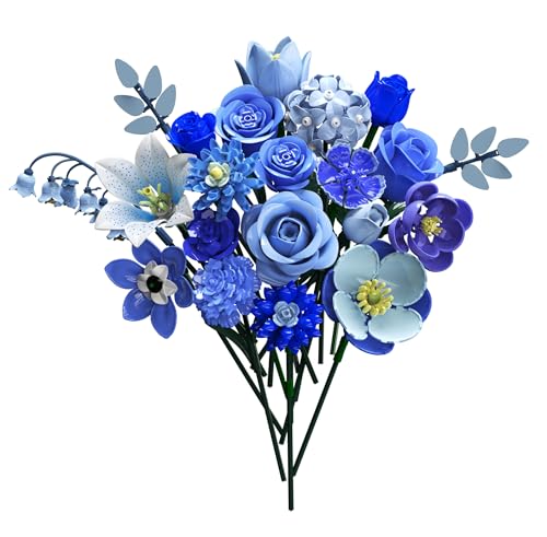 CUBIMANA Flower Bouquet Building Set with LED - 21 Rose Building Toy for Adults Women, Gift for Mothers Day, Artificial Flowers for Her, 832PCS Botanical Collection Kit for Home Decor (Blue)