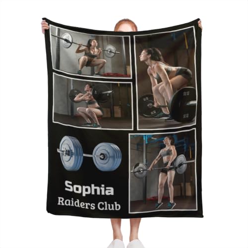 CUSDECOR Personalized Weightlifting Blanket with Photo Custom Name Powerlifting Sport Throw Blanket Customized 4 Picture Flannel Blankets for Fitness Player, Senior Night Gifts for Team,Boys,Girls