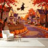 Custom Size Wall Murals Autumn Halloween Street Witch Pumpkin Jacko'lantern Self-Adhesive Wall Fabric Removable Large Wallpaper Wall Decor for Living Room Bedroom Bathroom